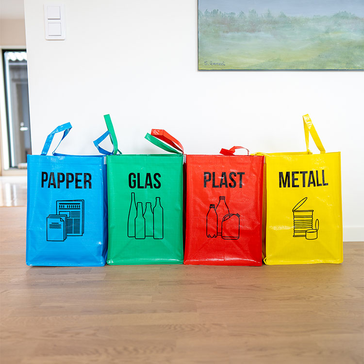 Recycling sorting bags for glass, paper, metal and plastic