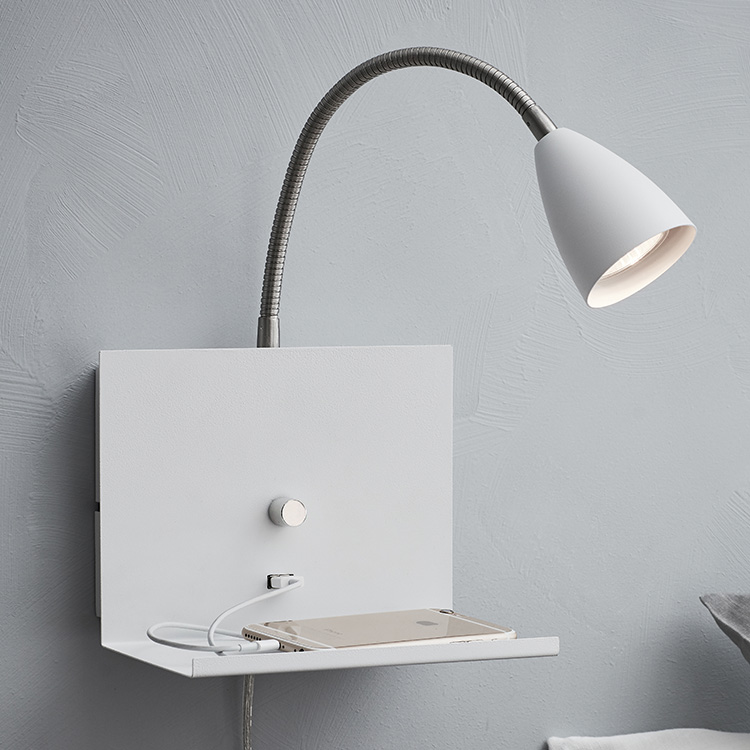 Wall lamp with shelf and USB port