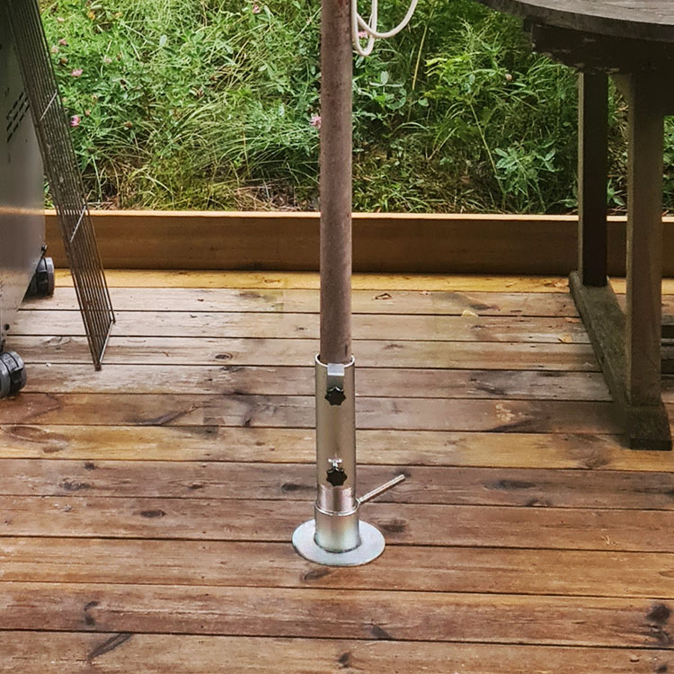 Parasol base for wooden deck