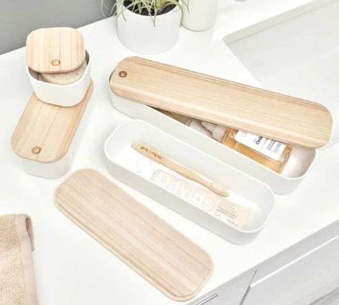Drawer Organiser with wooden lid, ECO MEDIUM COMPACT BIN, 9 x 18,5 x H 7 cm, Offwhite / Nature