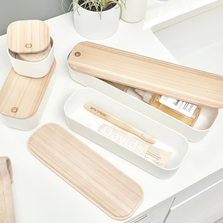 Drawer Organiser with wooden lid, ECO MEDIUM COMPACT BIN, 9 x 18,5 x H 7 cm, Offwhite / Nature