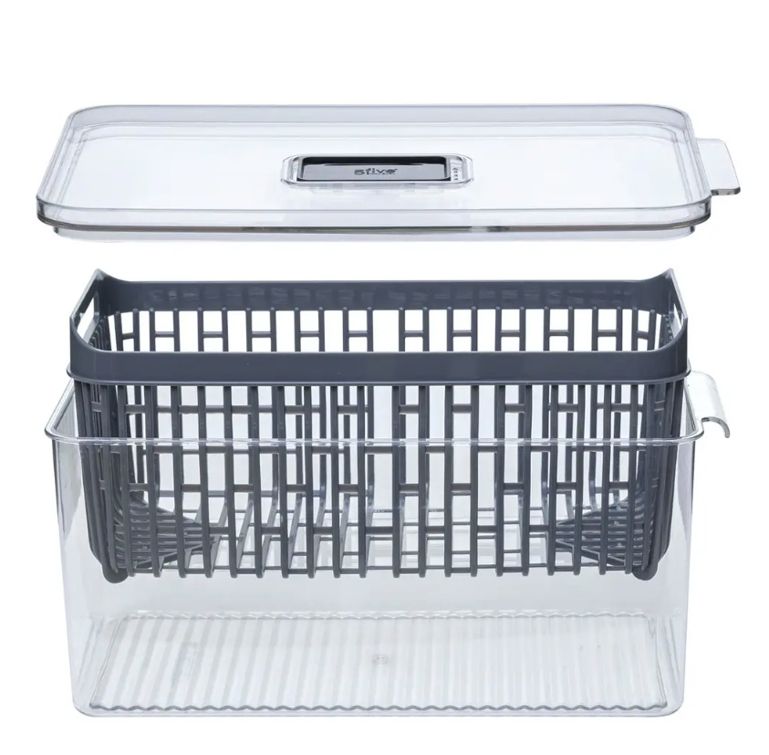 Food Storage, with 2 baskets, SMALL STAY FRESH FRIDGE BIN, 24 x 15.5 x H 12 cm, Clear / Grey