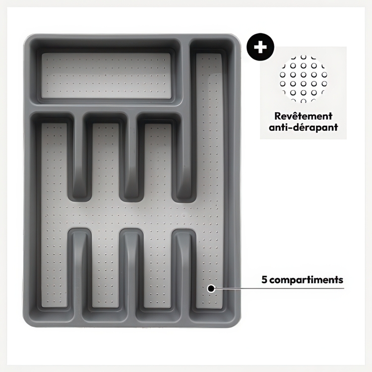 Cutlery tray, 5 compartments, NON SLIP RANGE-COUVERTS, 36,5 x 26.5 x H 5 cm, Grey