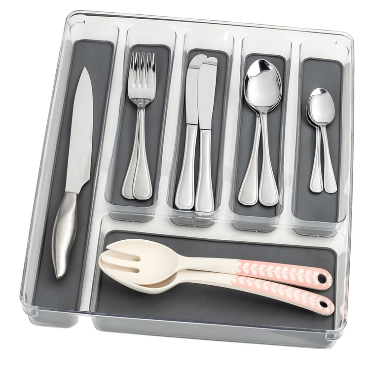 Cutlery Tray, 6 compartments,, ANTI-SLIP ORGANIZER, 40 x 32 x H 4,5 cm, Clear / Grey