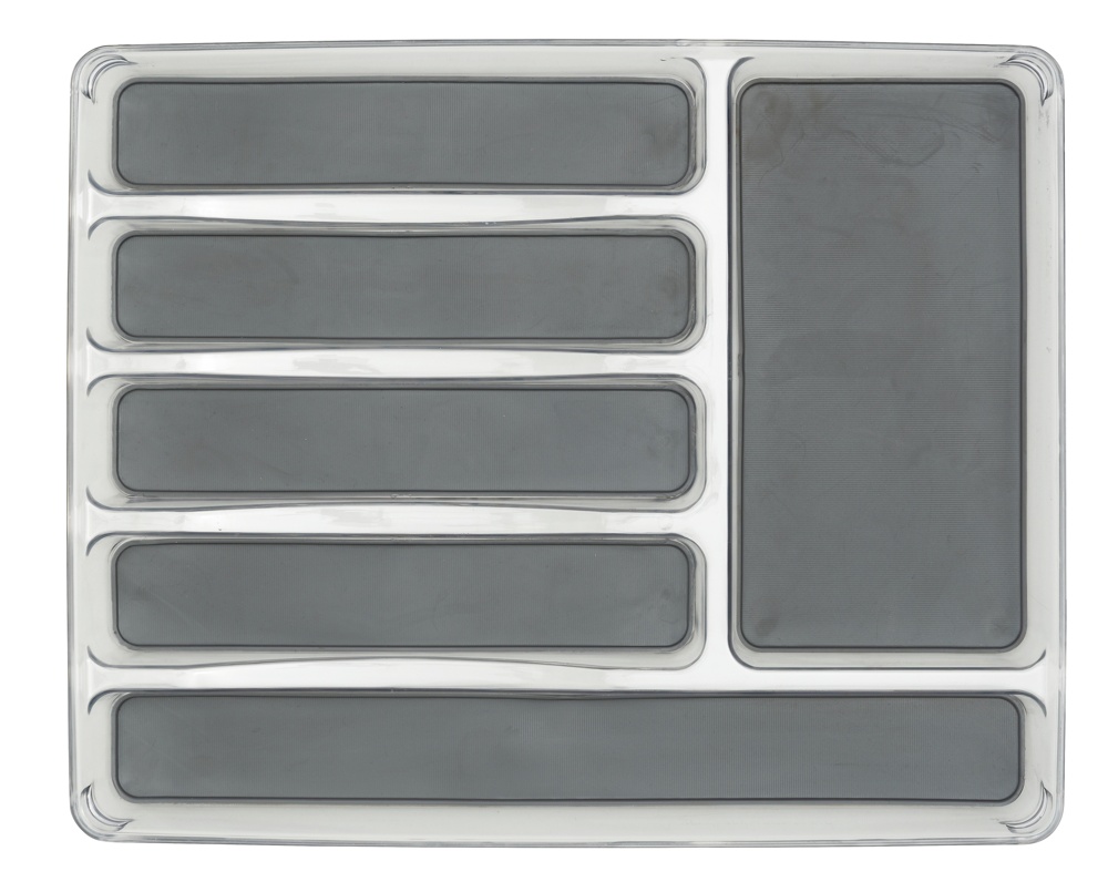 Cutlery Tray, 6 compartments,, ANTI-SLIP ORGANIZER, 40 x 32 x H 4,5 cm, Clear / Grey