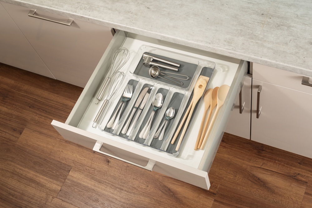 Cutlery Tray, 6 compartments,, ANTI-SLIP ORGANIZER, 40 x 32 x H 4,5 cm, Clear / Grey