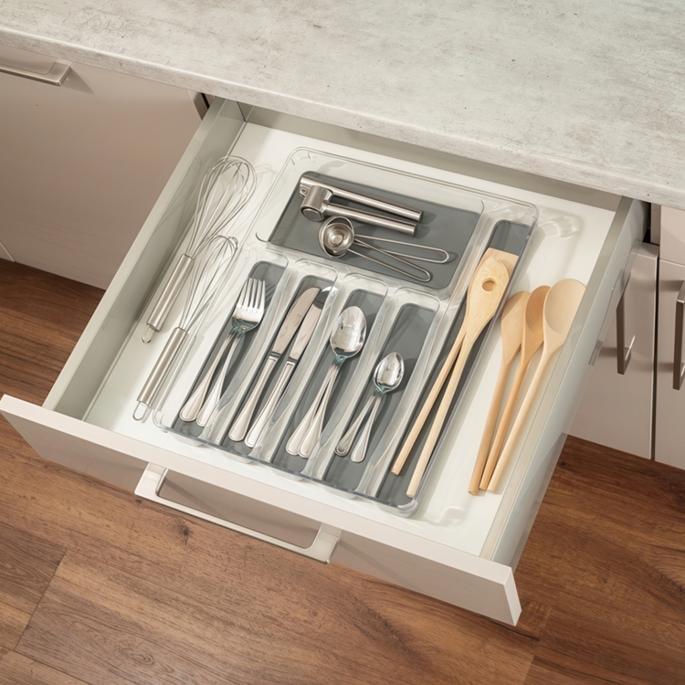 Cutlery Tray, 6 compartments,, ANTI-SLIP ORGANIZER, 40 x 32 x H 4,5 cm, Clear / Grey