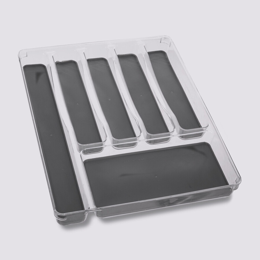 Cutlery tray, 6 compartments, TIDY SMART ORGANIZER, 40 x 32 x H 4,5 cm, Clear / Dark Grey