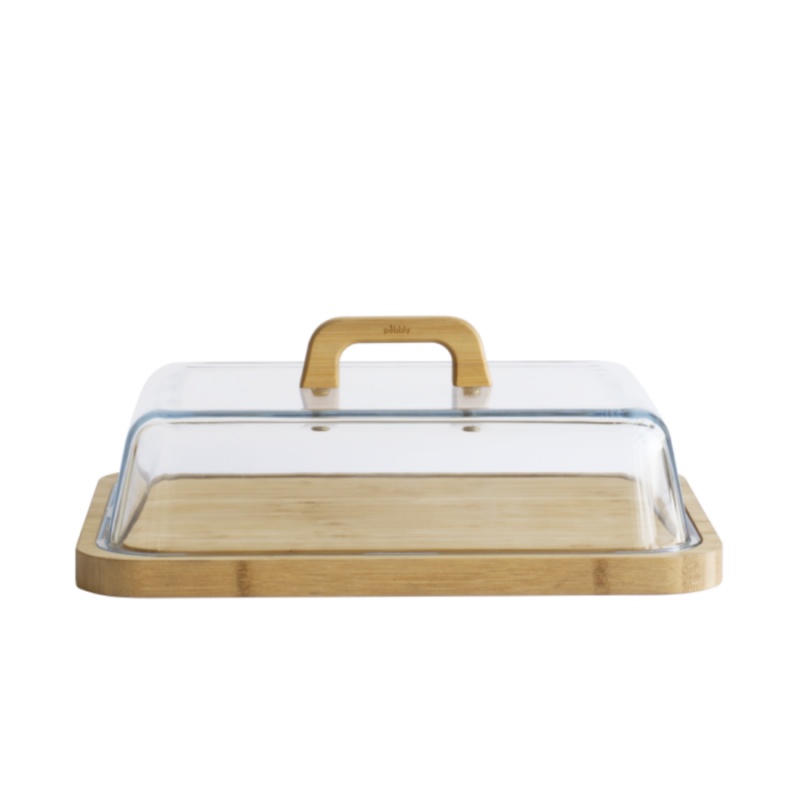 Bamboo Cheese Board with Glass Lid, PEBBLY PLATEAU Á FROMAGE, 34 x 25 x H 9,5 cm, Clear / Nature