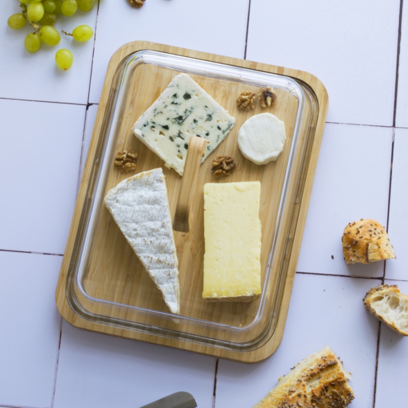 Bamboo Cheese Board with Glass Lid, PEBBLY PLATEAU Á FROMAGE, 34 x 25 x H 9,5 cm, Clear / Nature