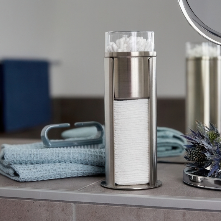 Cotton pads & cotton swab can, FIRENZE, Ø 7.5 x H18 cm, Silver / Clear