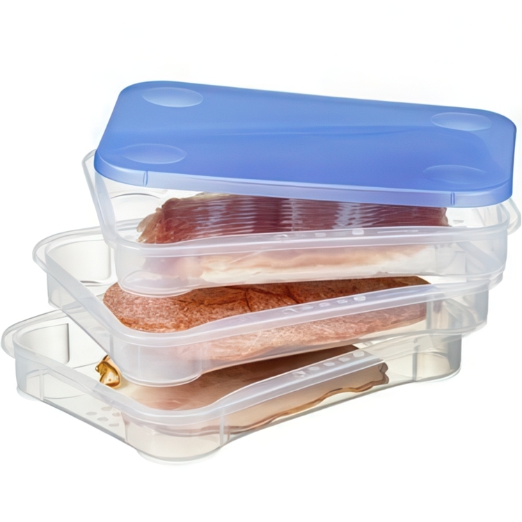 Container for Cold Cut, 3 trays, CLUB CUISINE LARGE, 22,5 x 16,5 x H 9 cm, Clear / Blue