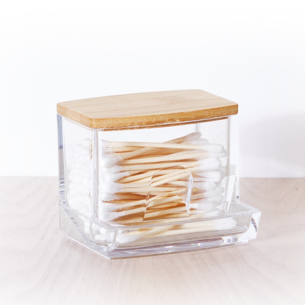 Dispenser for Cotton Buds, SELENA BAMBOO Q-TIP DISTRIBUTOR, 9,3 x 8 x H 7,4 cm, Clear / Nature