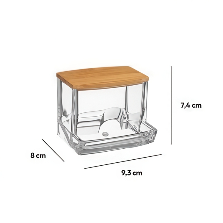 Dispenser for Cotton Buds, SELENA BAMBOO Q-TIP DISTRIBUTOR, 9,3 x 8 x H 7,4 cm, Clear / Nature