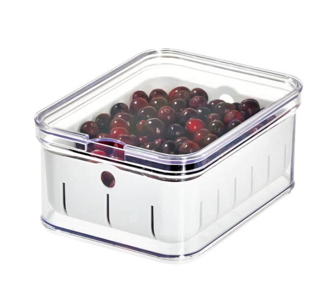 Bin with lid and colander, CRISP BERRY BIN, 16,5 x 21,6 x H 9,5 cm, Transparent / White