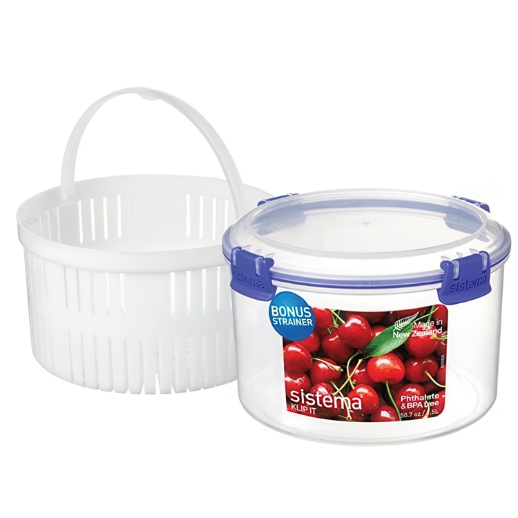 Jar with strainer, Round, 1,5 L, Ø 17 x H 11 cm, KLIP IT, Clear / Blue