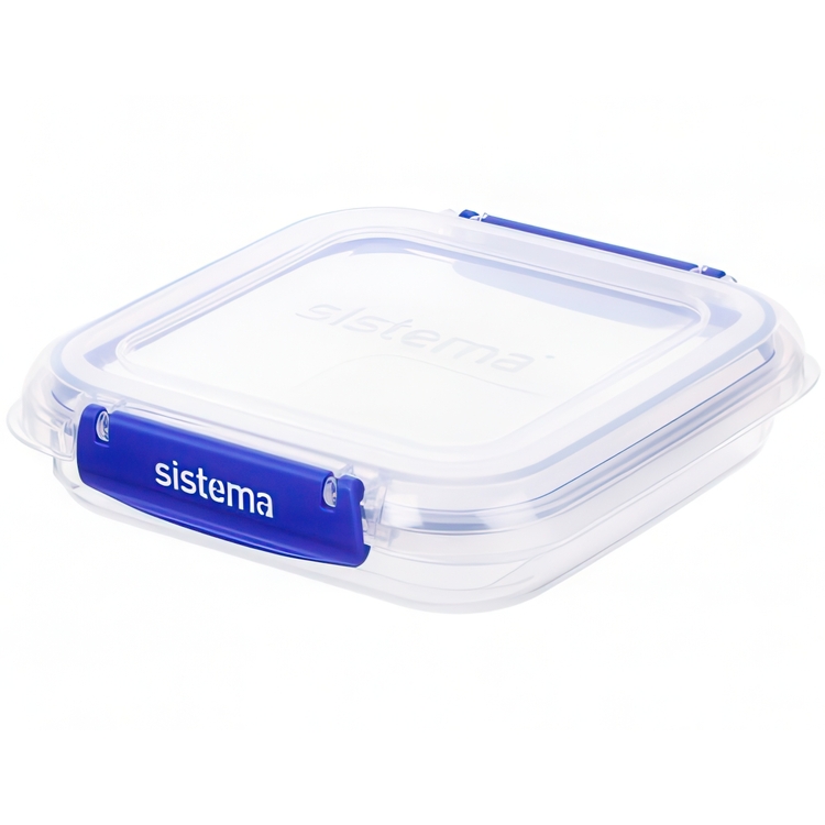 Food box, Square, 520 ml, KLIP IT PLUS SANDWICH, 16 x 16 x H4 cm, Transparent / Blue