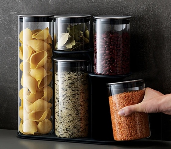 Glass Container Set in stand, 5-piece, PODIUM EASY-ACCESS, Joseph Joseph, Clear / Silver