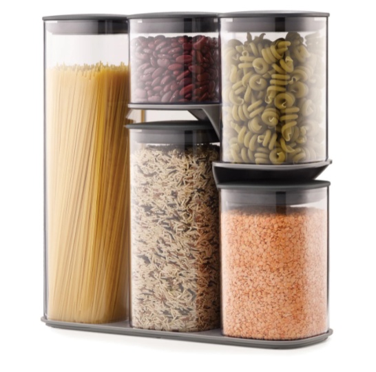 Container Set in stand, 5-piece, PODIUM EASY-ACCESS, Joseph Joseph, Clear / Grey