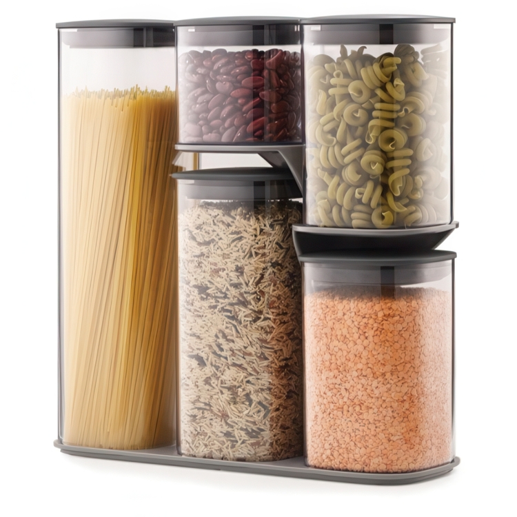 Container Set in stand, 5-piece, PODIUM EASY-ACCESS, Joseph Joseph, Clear / Grey
