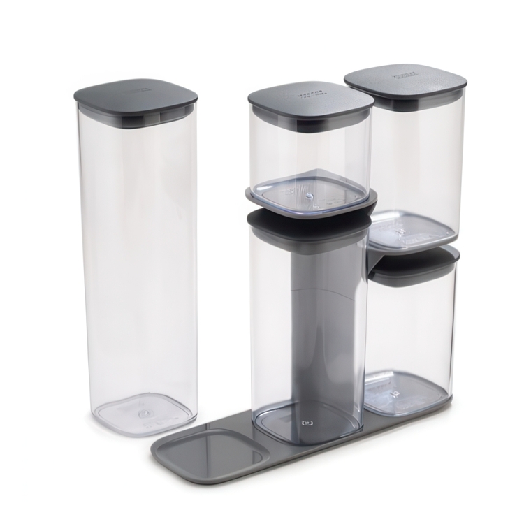 Container Set in stand, 5-piece, PODIUM EASY-ACCESS, Joseph Joseph, Clear / Grey