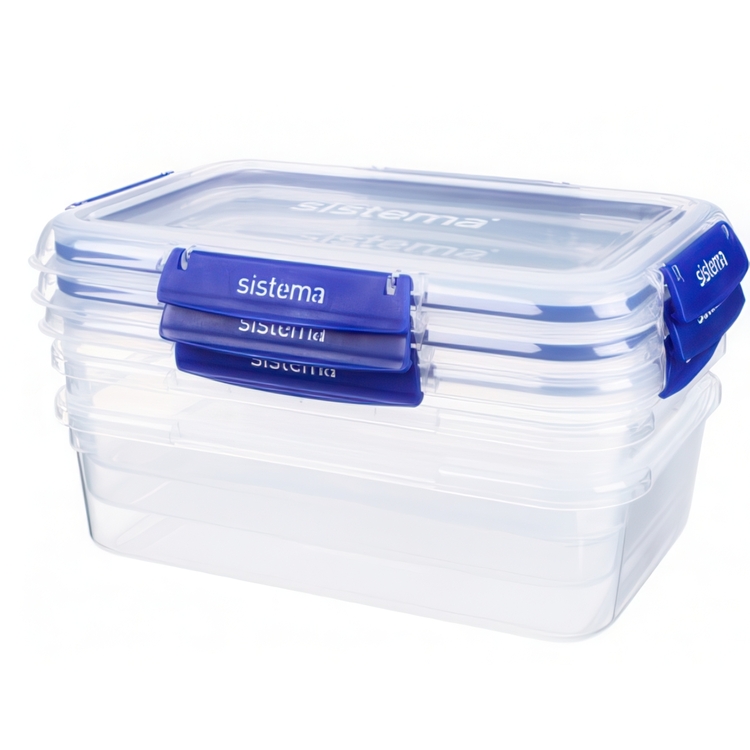 Food boxes, 2,2 L, Set of 3, KLIP IT PLUS RECTANGLE, 25,5 x 17,5 x H 8 cm, Clear / Blue