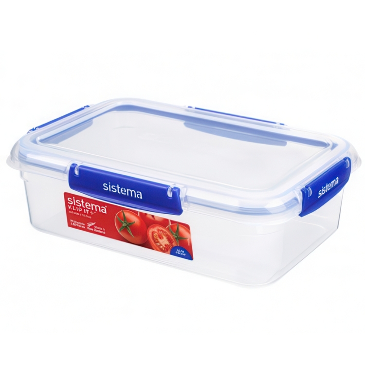 Food boxes, 2,2 L, Set of 3, KLIP IT PLUS RECTANGLE, 25,5 x 17,5 x H 8 cm, Clear / Blue