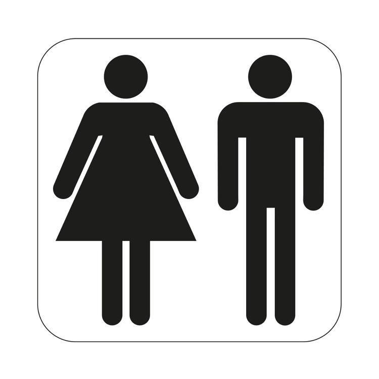 Sticker, Self-adhesive, WC symbol, MALE / FEMALE, 8 x 8 cm, White / Black