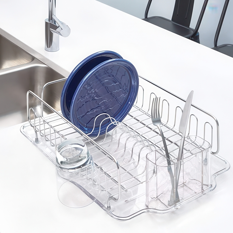 Dish rack with drip tray, FORMA DISH DRAINER, 34 x 43 x H13 cm, Stainless steel / clear