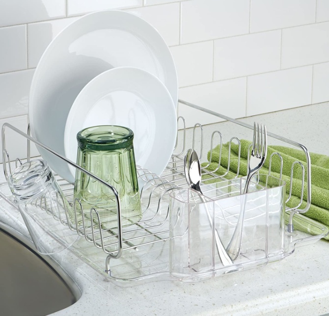 Dish rack with drip tray, FORMA DISH DRAINER, 34 x 43 x H13 cm, Stainless steel / clear