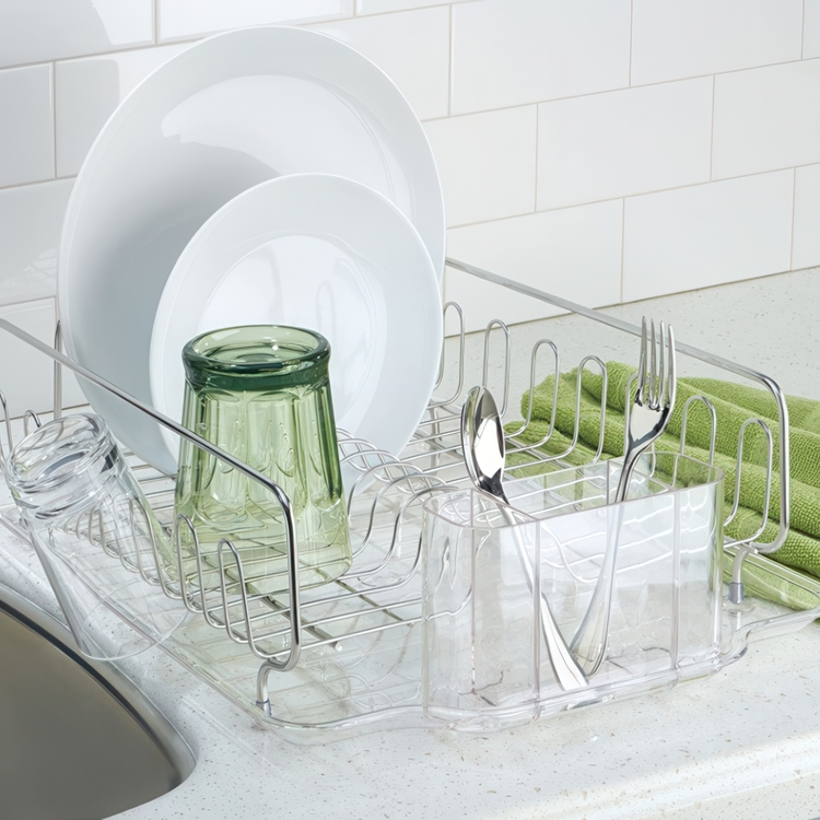 Dish rack with drip tray, FORMA DISH DRAINER, 34 x 43 x H13 cm, Stainless steel / clear