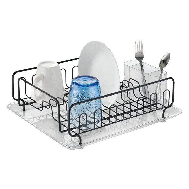 Dish rack with drip tray, FORMA DISH DRAINER, Matt black / clear