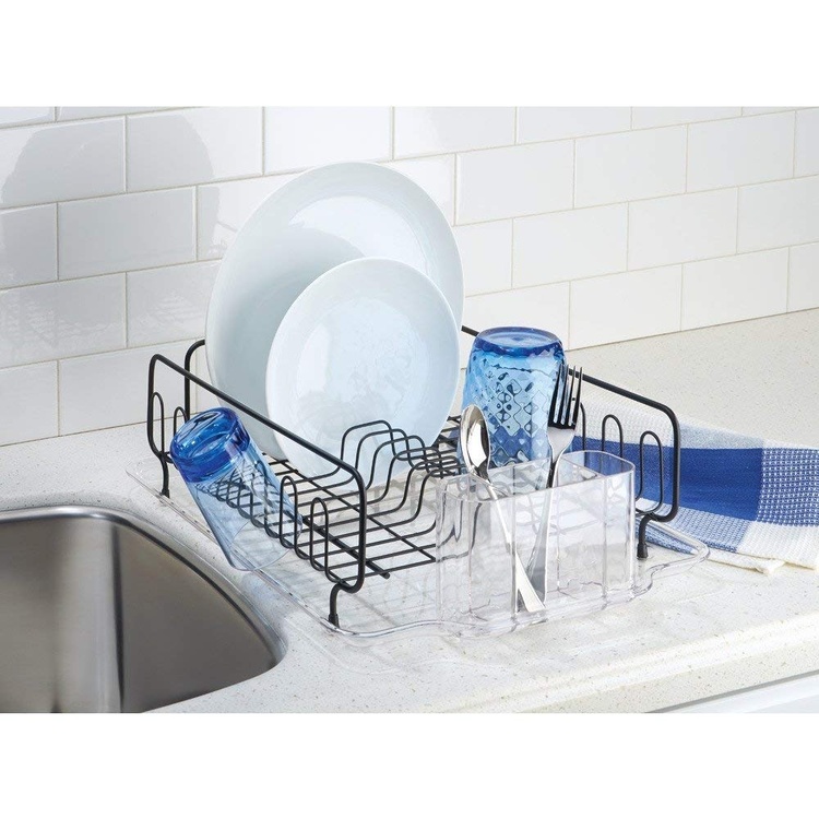 Dish rack with drip tray, FORMA DISH DRAINER, Matt black / clear