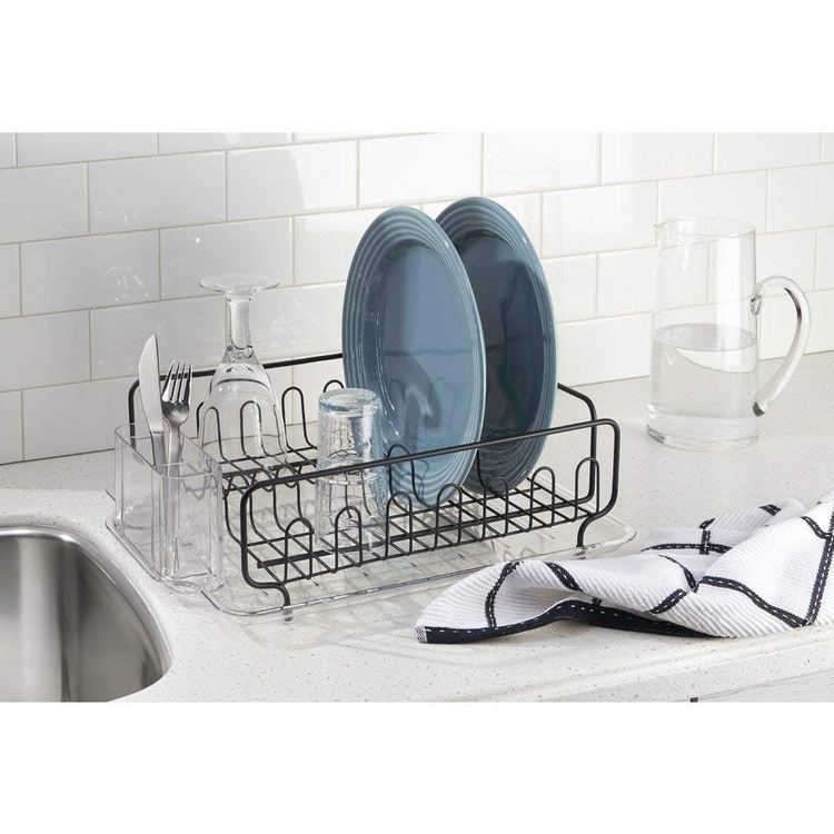 Dish rack with drip tray, FORMA DISH DRAINER, Matt black / clear
