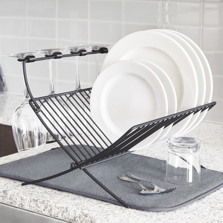 Dish Rack with drying mat, foldable, XDRY, 51 x 37 x 31 cm, Umbra, Black / Grey