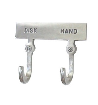 Double hook with sign, DISK & HAND, Exmez, Sand-cast aluminum