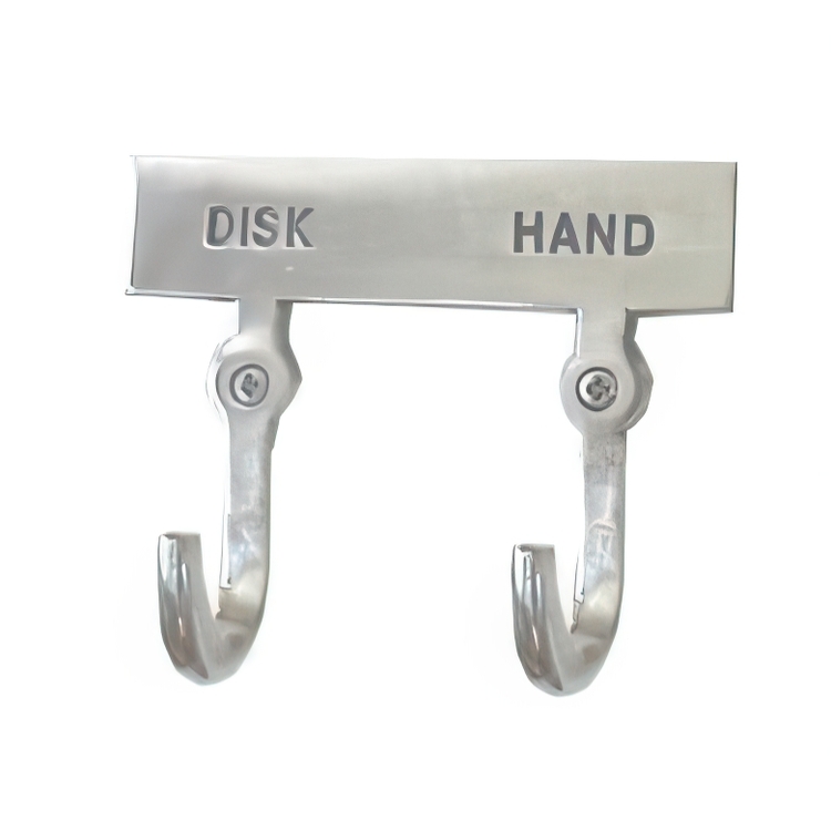 Double hook with sign, DISK & HAND, Exmez, Sand-cast aluminum