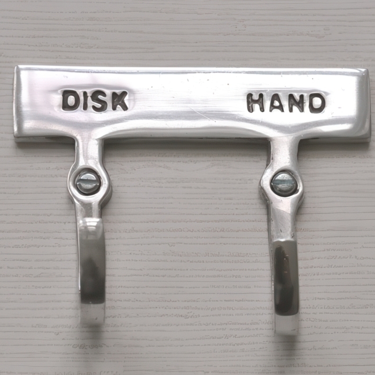 Double hook with sign, DISK & HAND, Exmez, Sand-cast aluminum