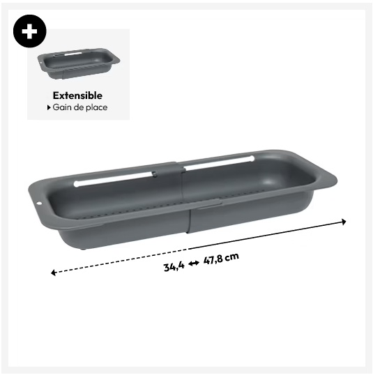 Colander , Over Sink, SINK COLANDER, 34,4 ~ 47,8 x 20 x H 6,5 cm, Grey