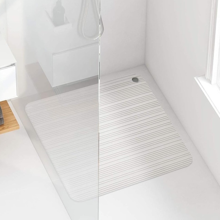 Shower Mat in Natural Rubber, STRIPED SHOWER MAT, 50 x 50cm, Light Grey
