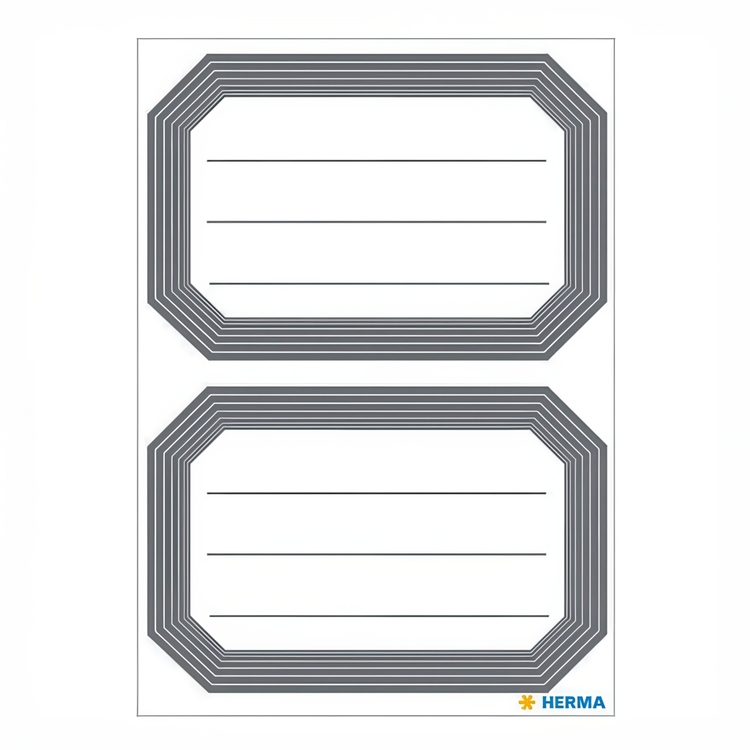 Labels, Self-adhesive, 12 psc, GREY LINED FRAME LARGE, 82 x 55 mm, White / Grey
