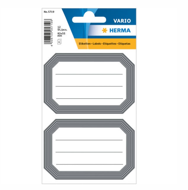 Labels, Self-adhesive, 12 psc, GREY LINED FRAME LARGE, 82 x 55 mm, White / Grey