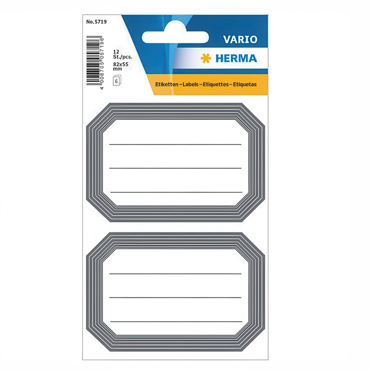 Labels, Self-adhesive, 12 psc, GREY LINED FRAME LARGE, 82 x 55 mm, White / Grey