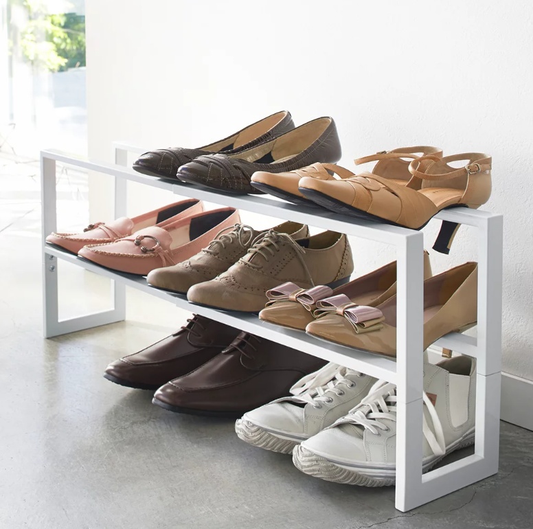 Expandable Shoe Rack in Metal, LINE 2-TIERED, 38 ~ 70 x 15 x H 30 cm, Yamazaki, White