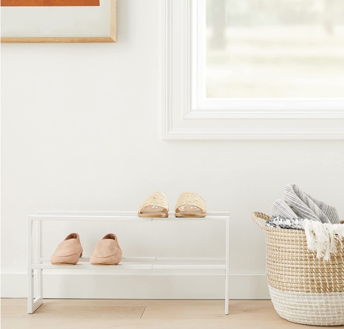 Expandable Shoe Rack in Metal, LINE 2-TIERED, 38 ~ 70 x 15 x H 30 cm, Yamazaki, White