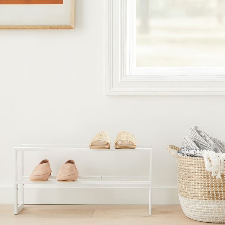 Expandable Shoe Rack in Metal, LINE 2-TIERED, 38 ~ 70 x 15 x H 30 cm, Yamazaki, White