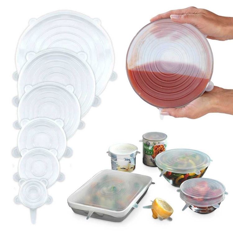 Expandable, airtight lids, Set of 6, SILICONE STRETCH TOPS, Transparent