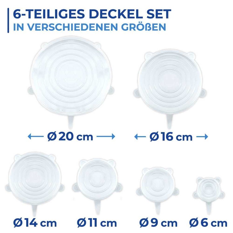 Expandable, airtight lids, Set of 6, SILICONE STRETCH TOPS, Transparent