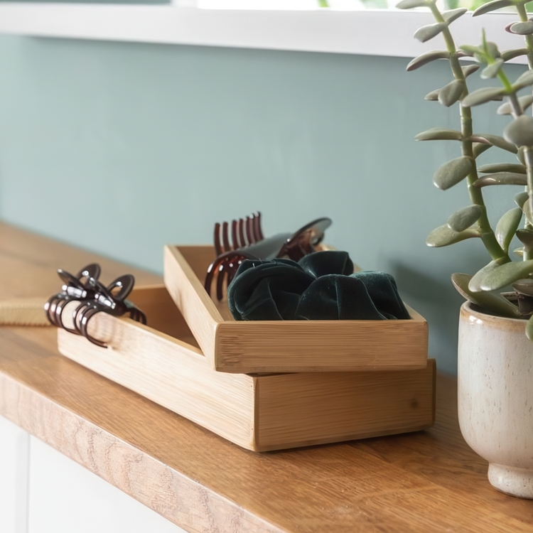 Storage Trays / Box in Bamboo, Stackable, Set of 2, Medium, TERRA, 24 x 10 cm, Nature