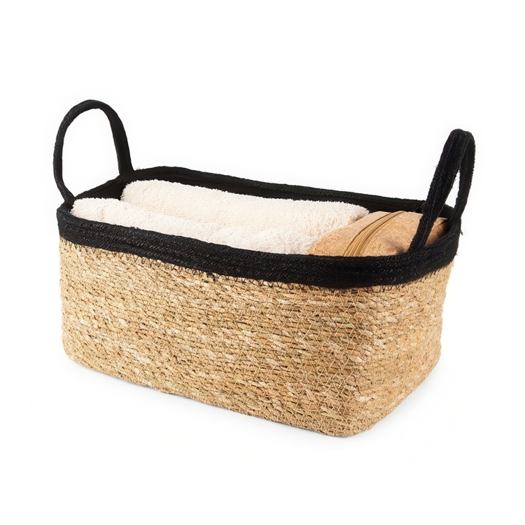 Storage basket, See grass and Jute, MEDIUM PANIER DE RANGEMENT, 29 x 20 x H 15 cm, Nature / Black